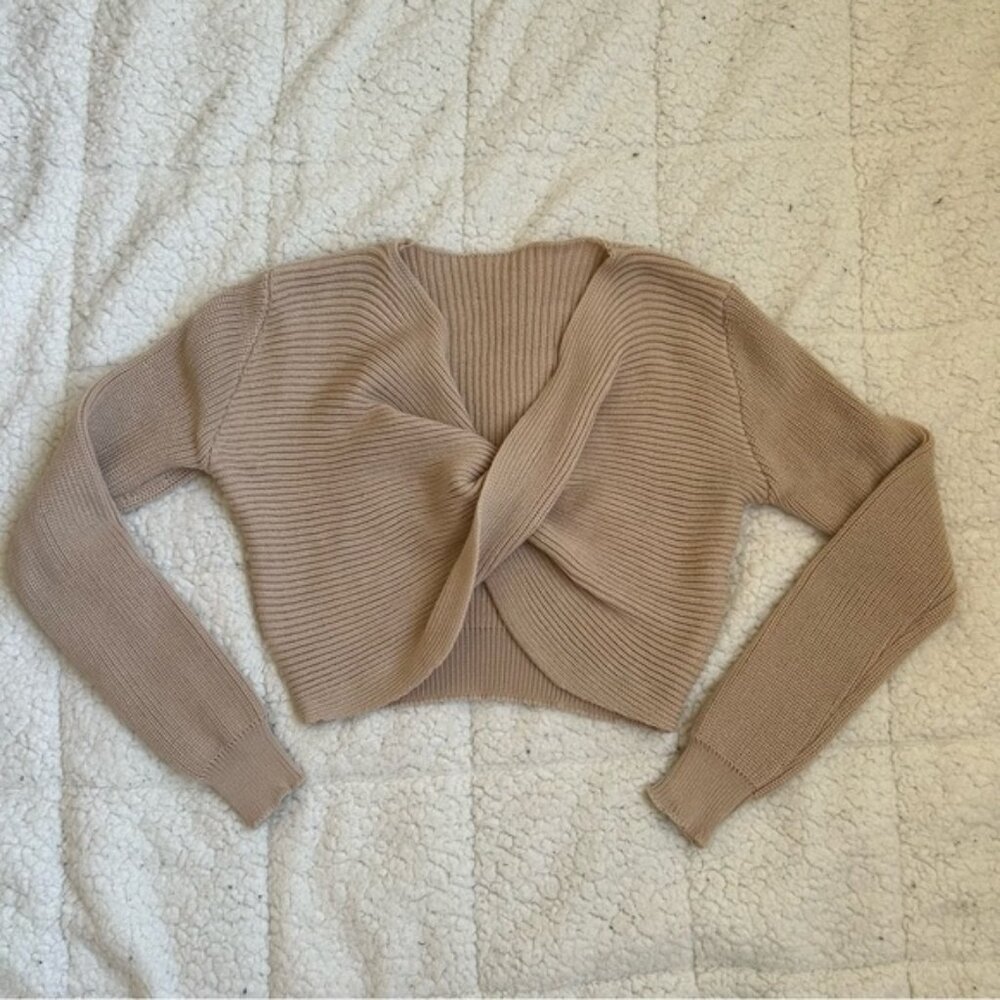 SHEIN - Tan Ribbed Sweater with Long Sleeves and Open Front